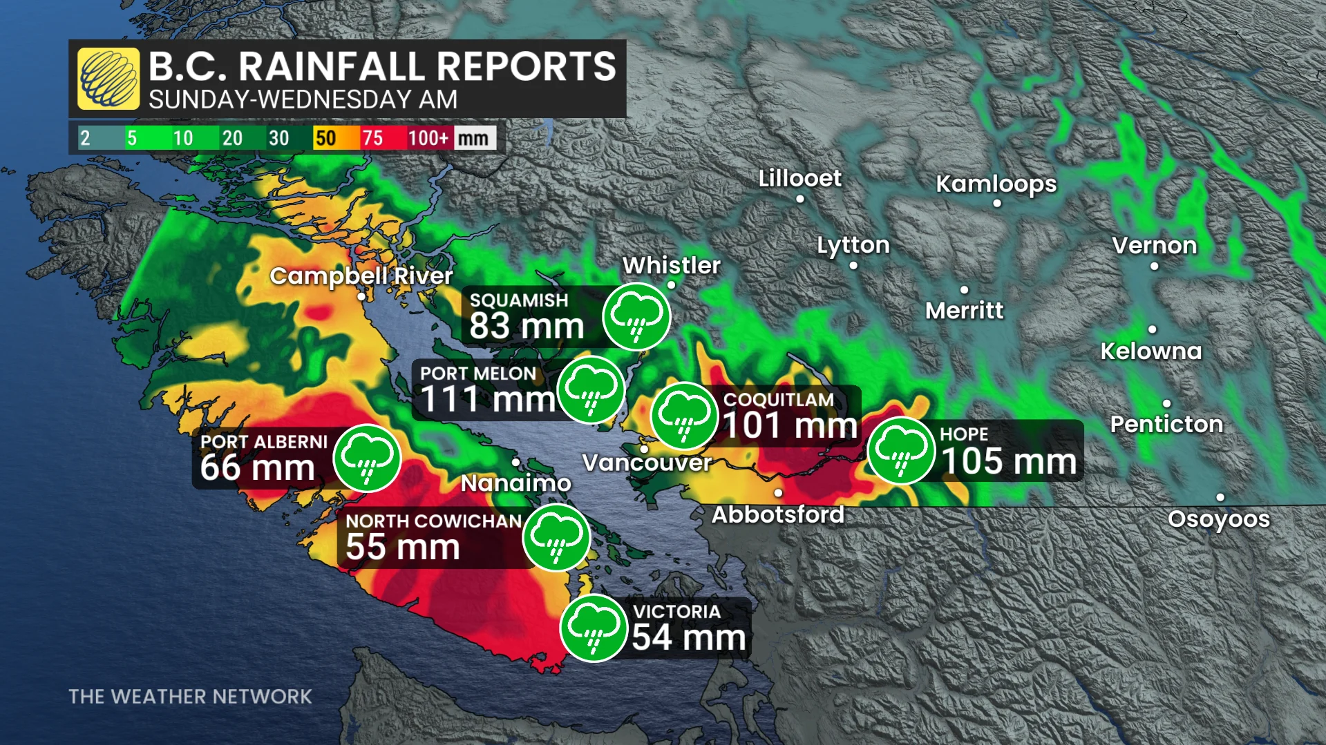 B.C. rainfall totals through Wednesday morning