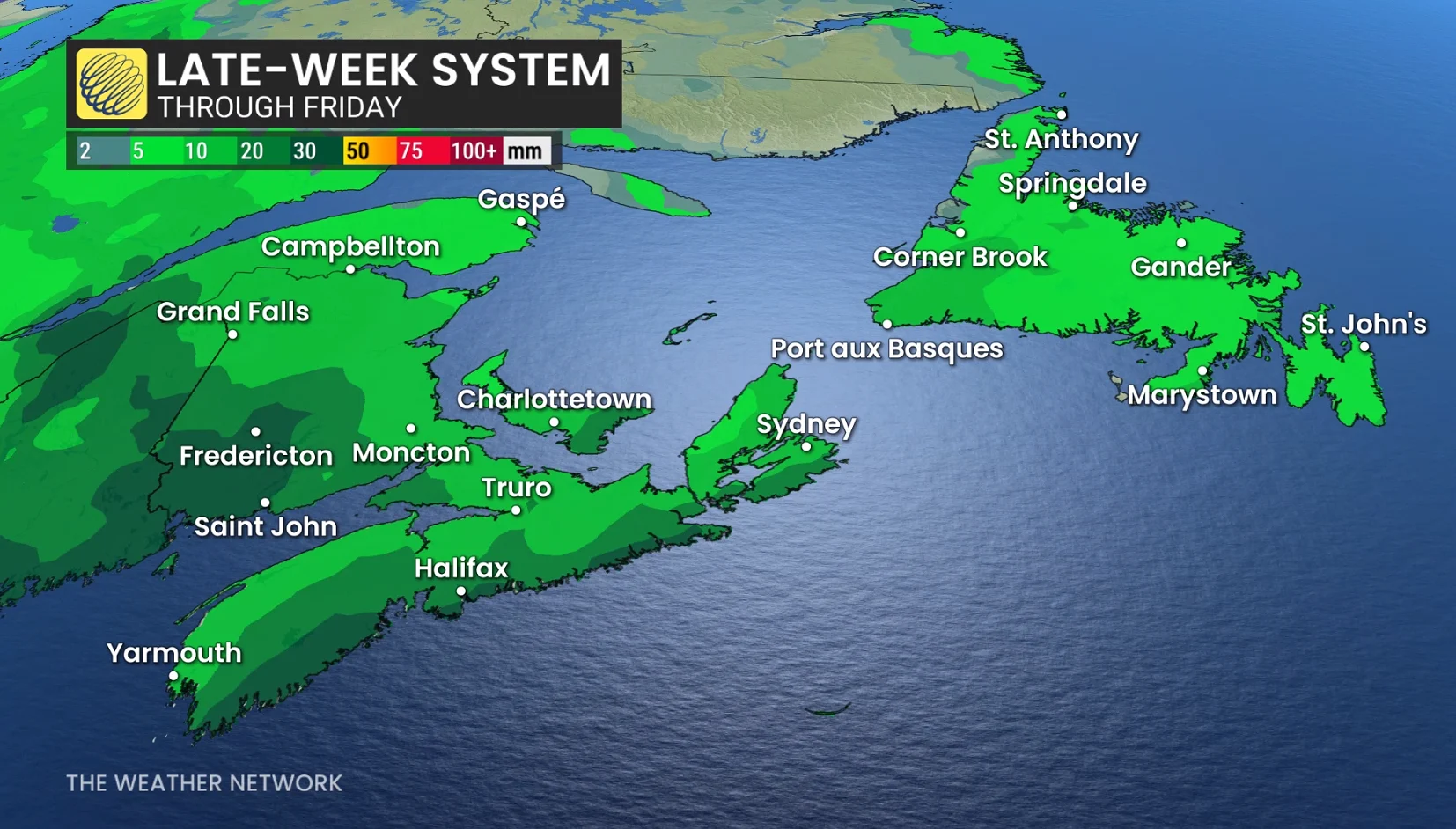 Atlantic Canada rainfall accumulation through Friday