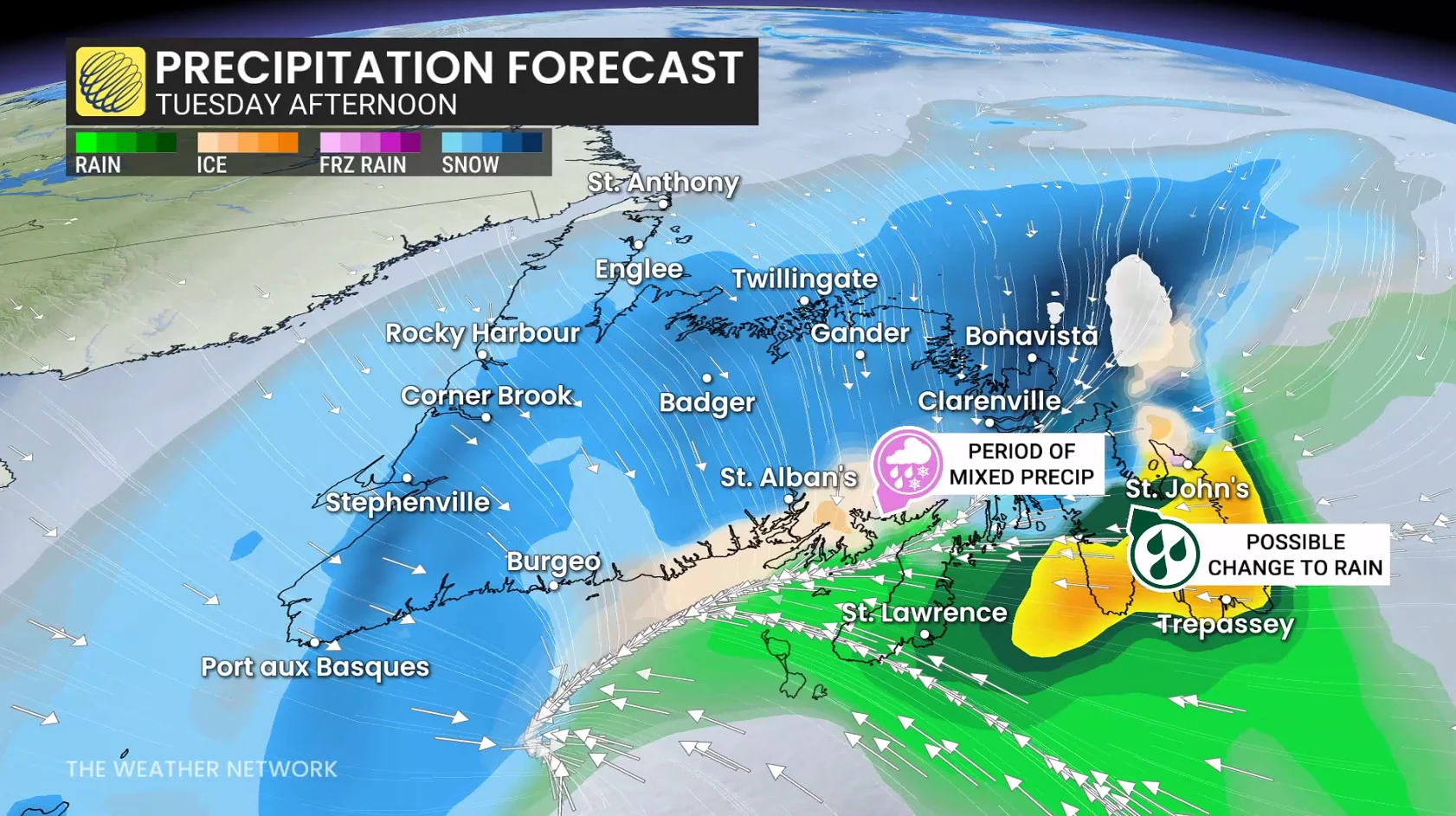 Newfoundland precipitation timing forecast Tuesday afternoon