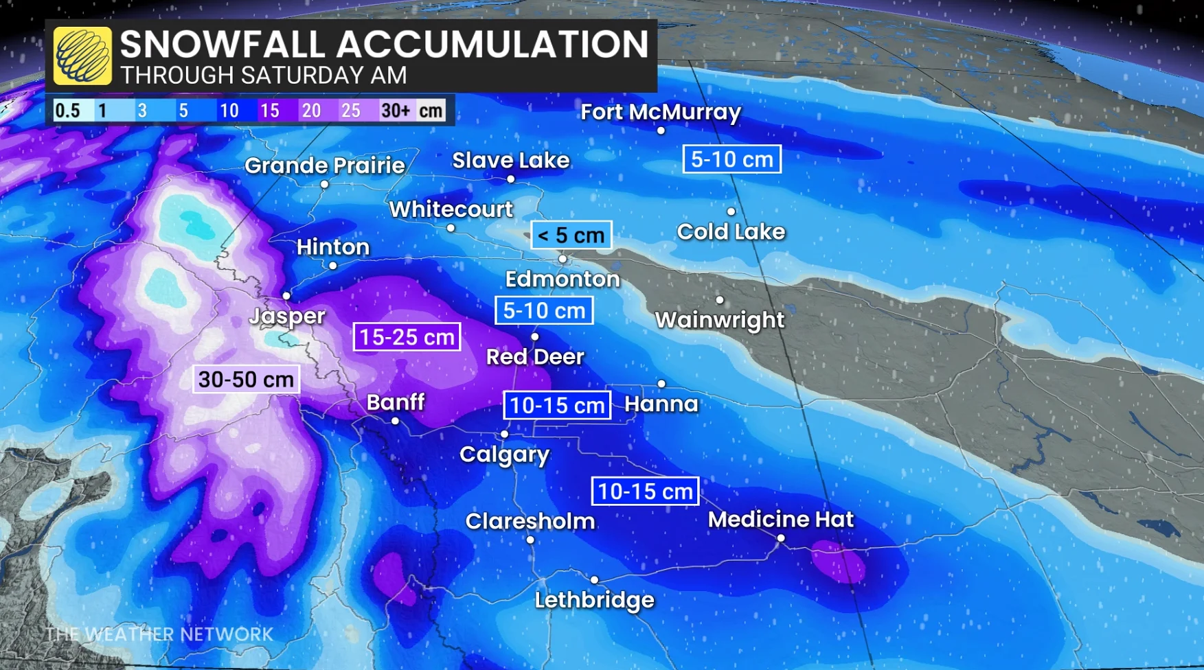 Alberta snowfall through Saturday morning