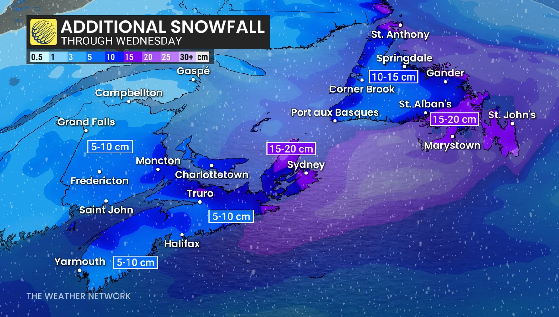 Atlantic Canada additional snowfall through Tuesday