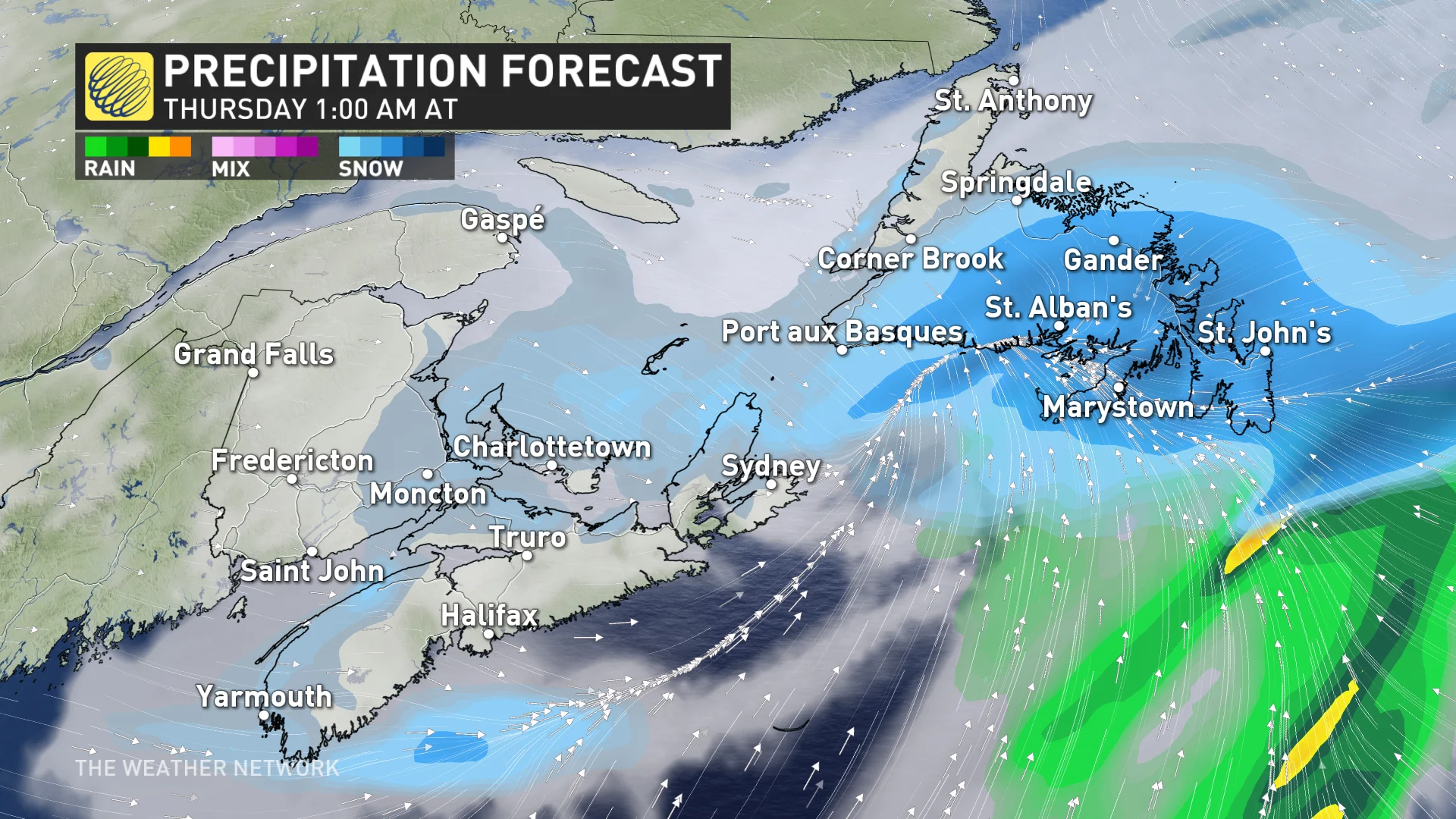 Thursday morning precipitation timing Atlantic Canada