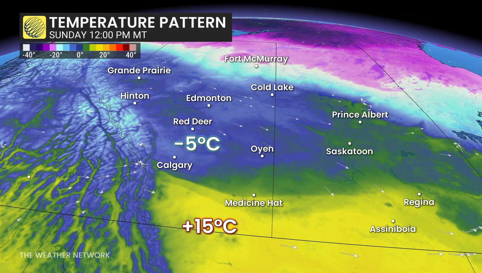 Alberta Sunday temperature contrast noon