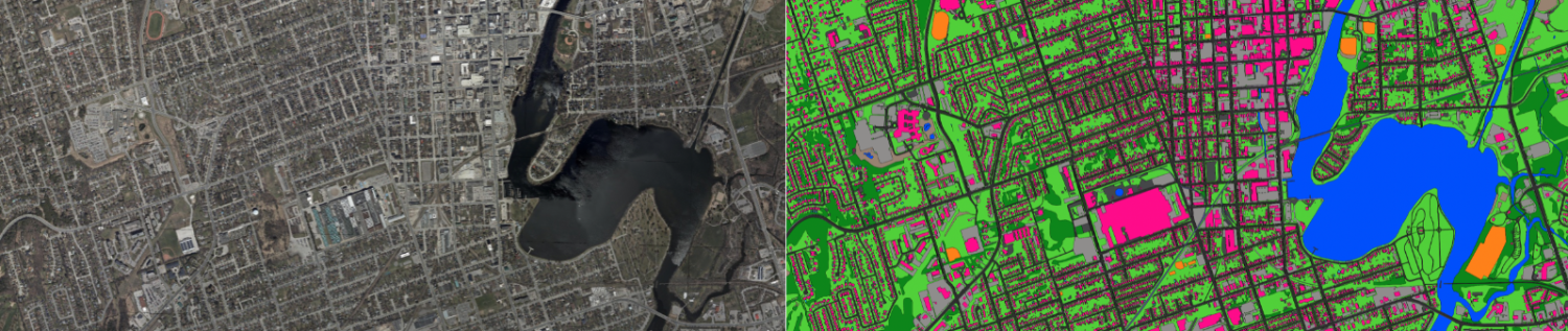 Ecopia AI ingested high-resolution imagery data (left) of Peterborough and digitized it into vector features (right) so hydrologists can develop accurate flood models. (Ecopia AI)
