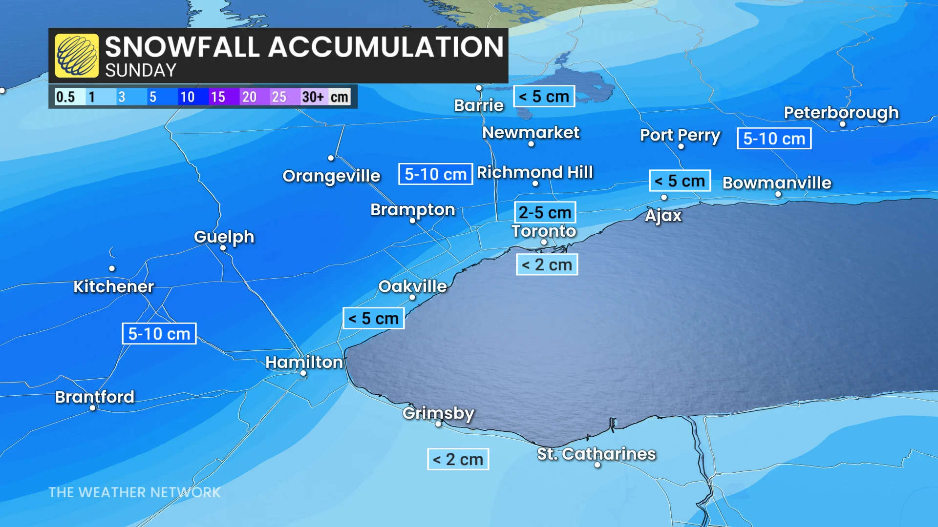 Zoomed-in crop of southern Ontario snowfall accumulation Sunday