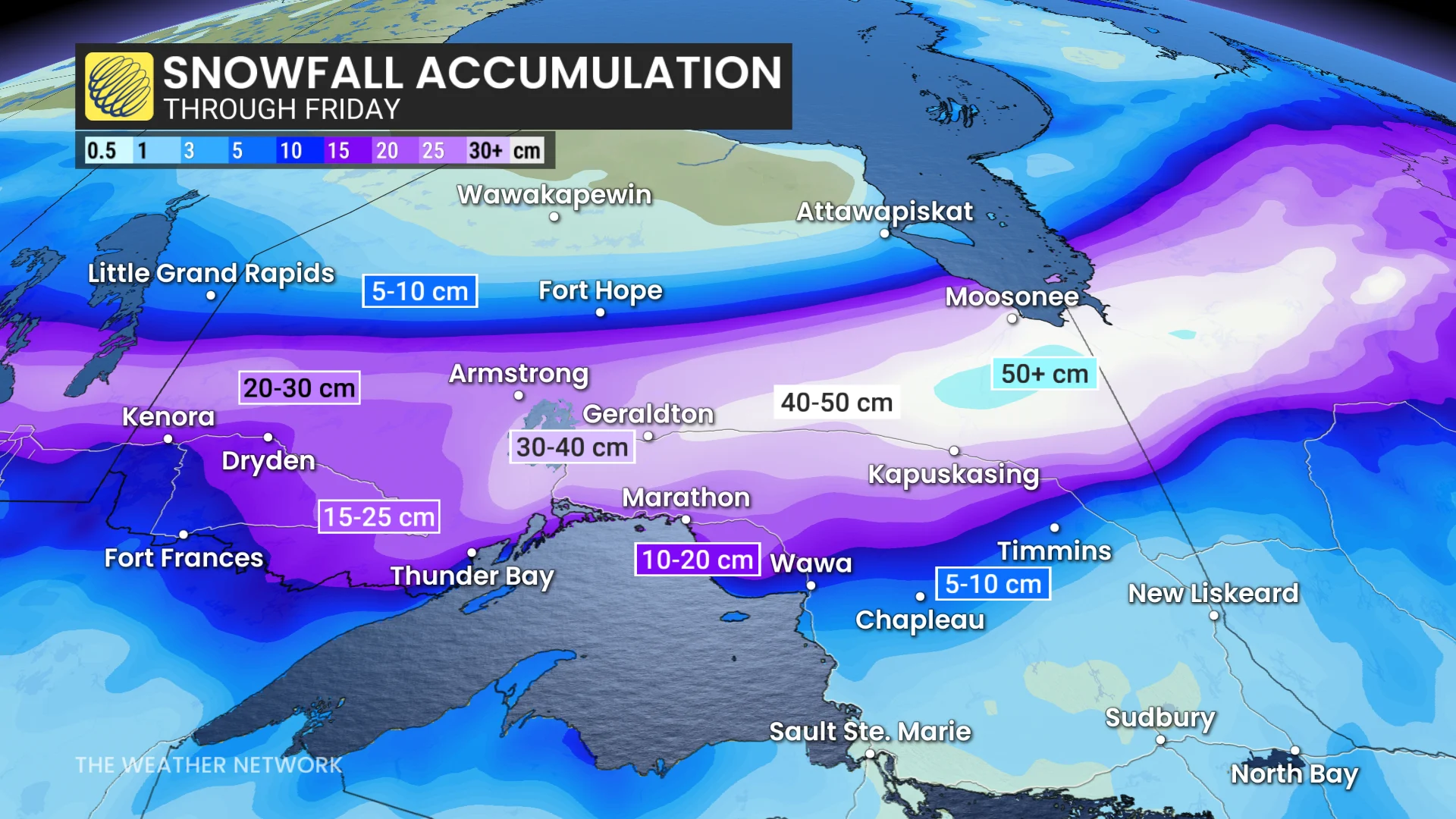 Northern Ontario snowfall through Friday