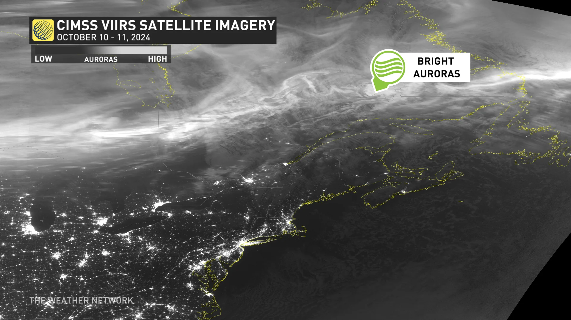 Satellite imagery - Bright auroras - Oct 10 -11