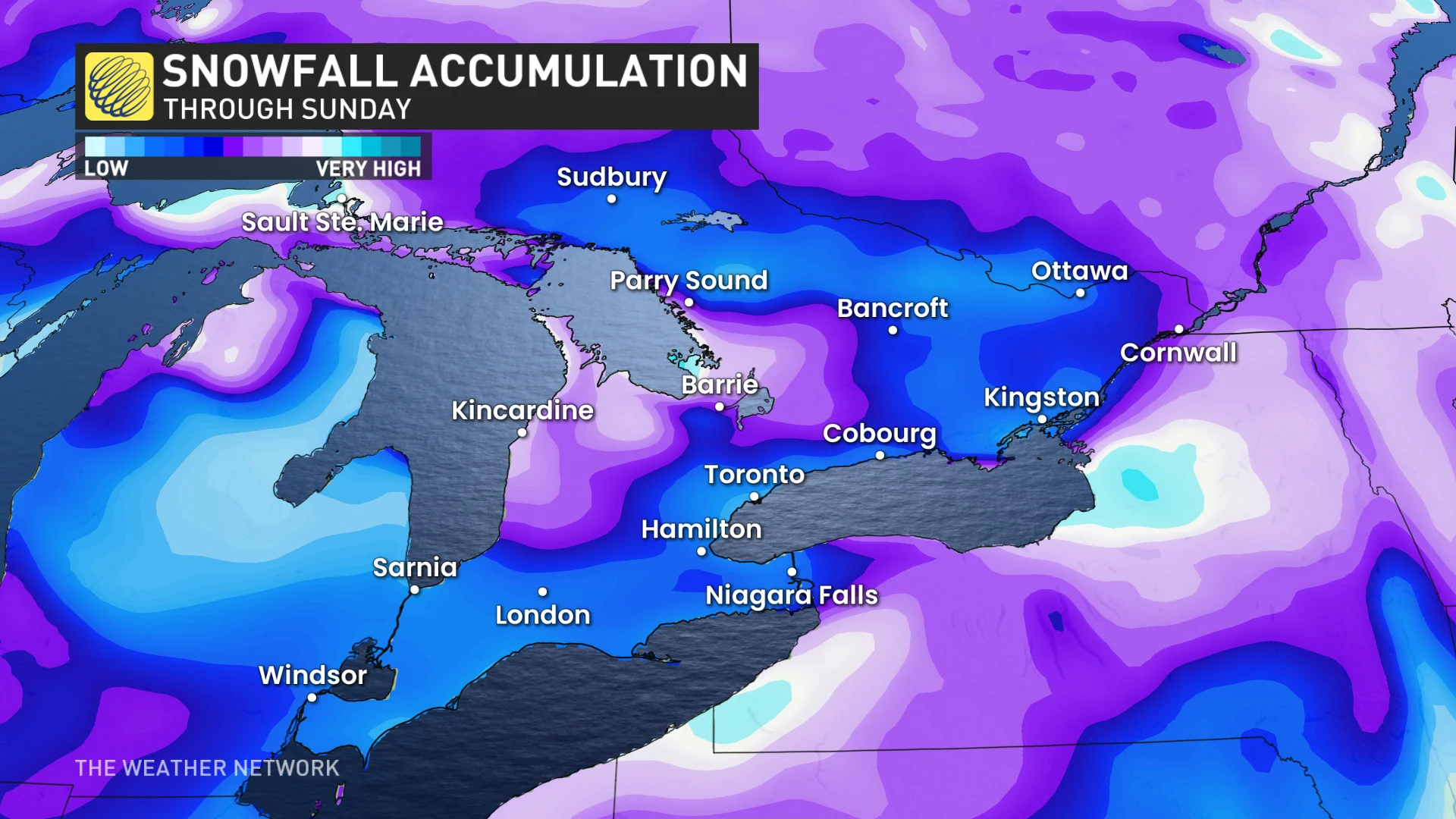 Ontario snowfall accumulations through Sunday