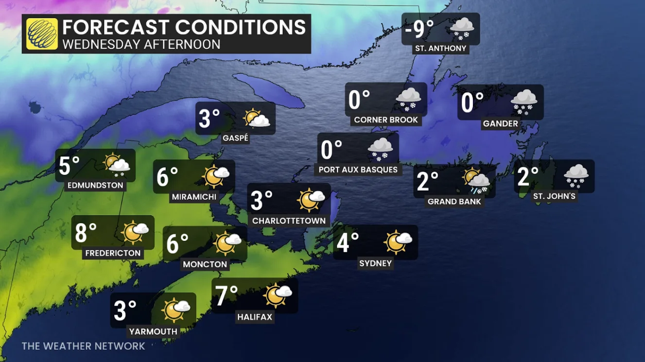 Atlantic Canada Wednesday afternoon forecast temperatures and conditions - March 4, 2026