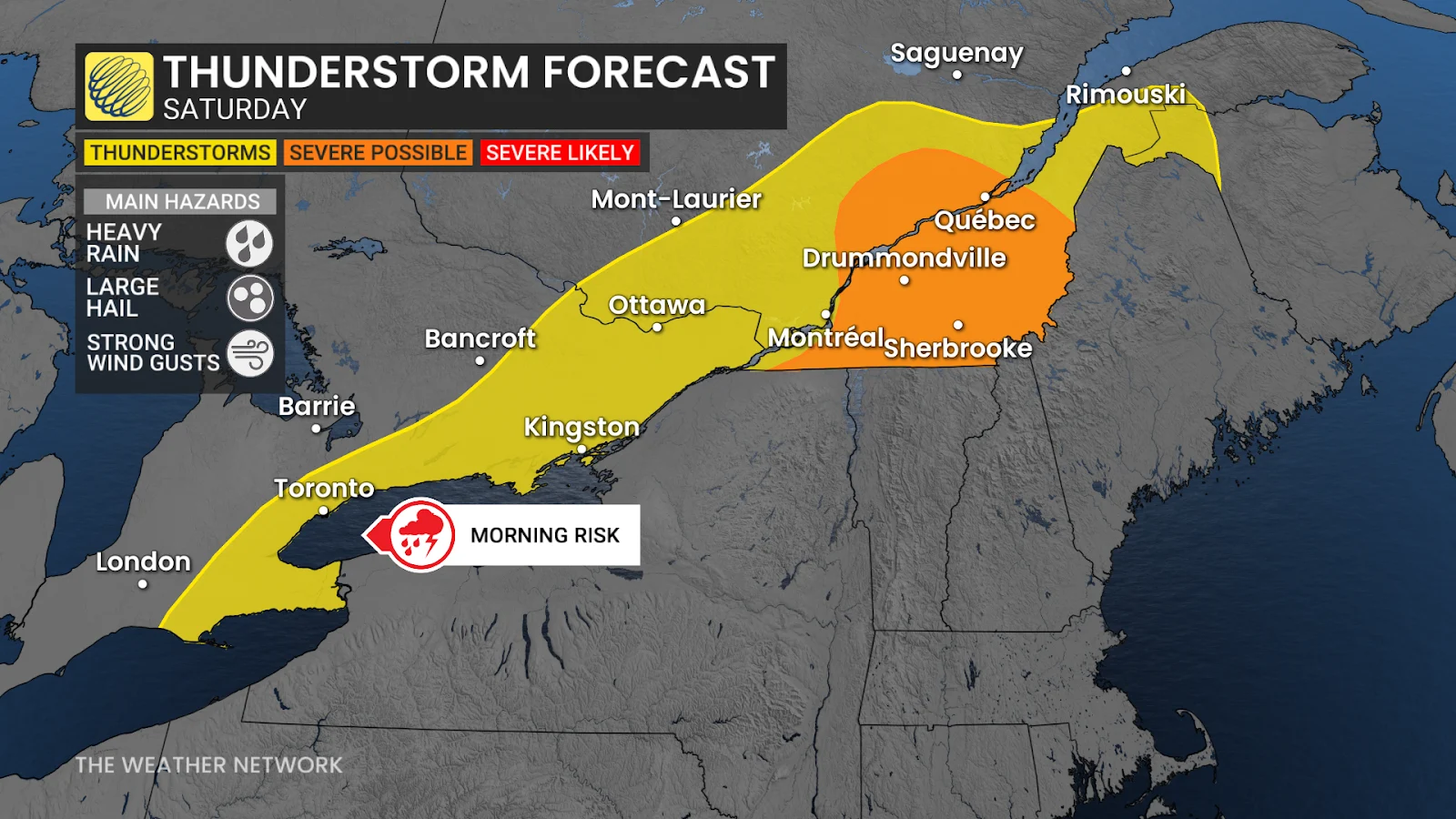Ontario Quebec Saturday thunderstorm risk map - April 18, 2025