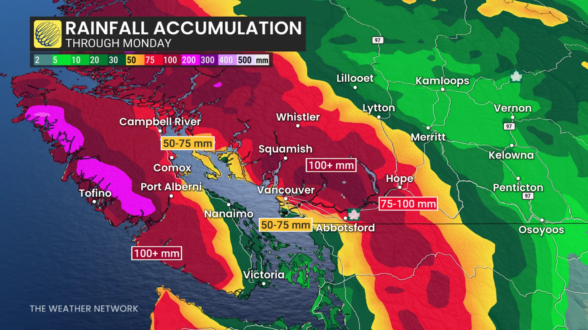 Atmospheric river: B.C. Rainfall through Monday, Dec. 15, 2025