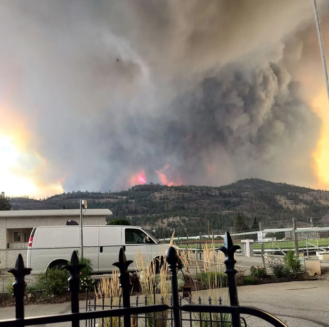 The Bald Range wildfire near Summerland, B.C., is seen on Aug. 7, 2026. The rapidly growing fire prompted a swath of evacuation orders on Friday. (Submitted by Gail Rella)