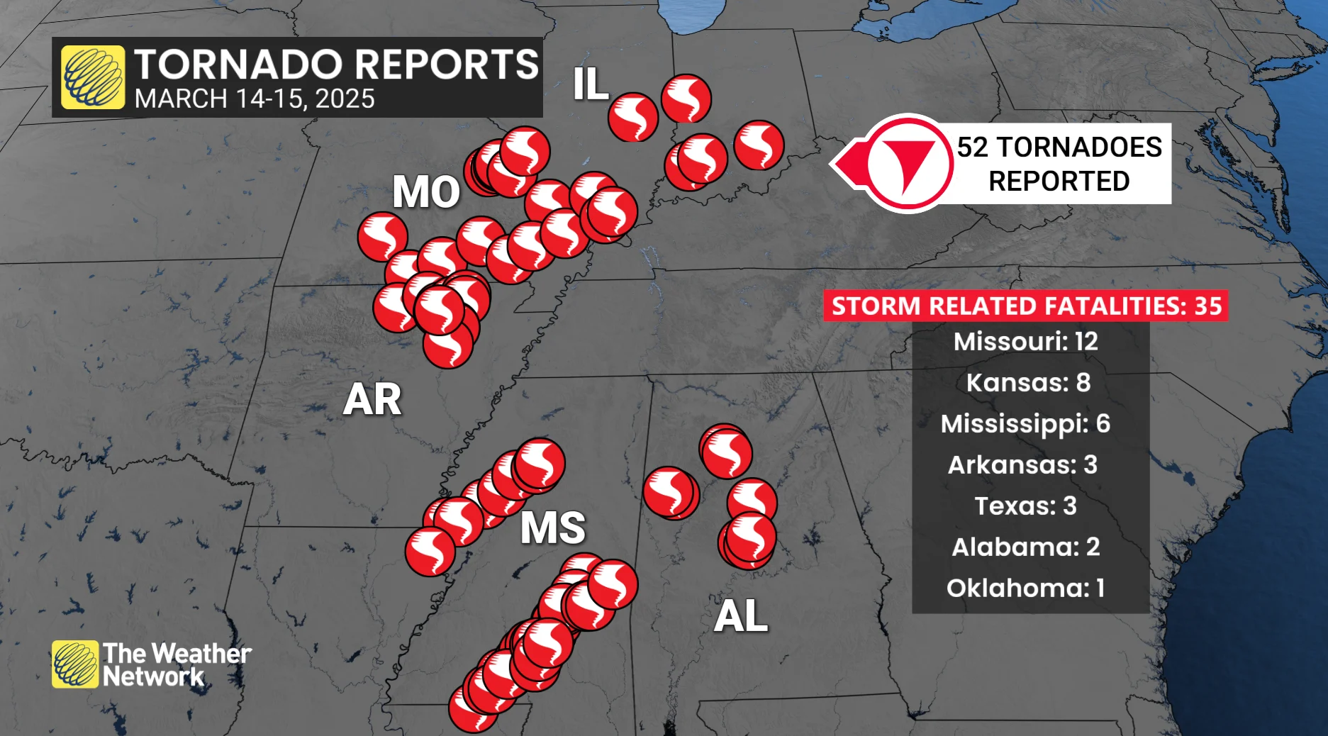 US Tornado Reports as of March 16 2025
