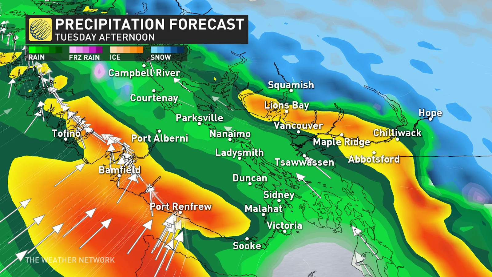 B.C. forecast precipitation Tuesday afternoon - Dec. 16, 2024