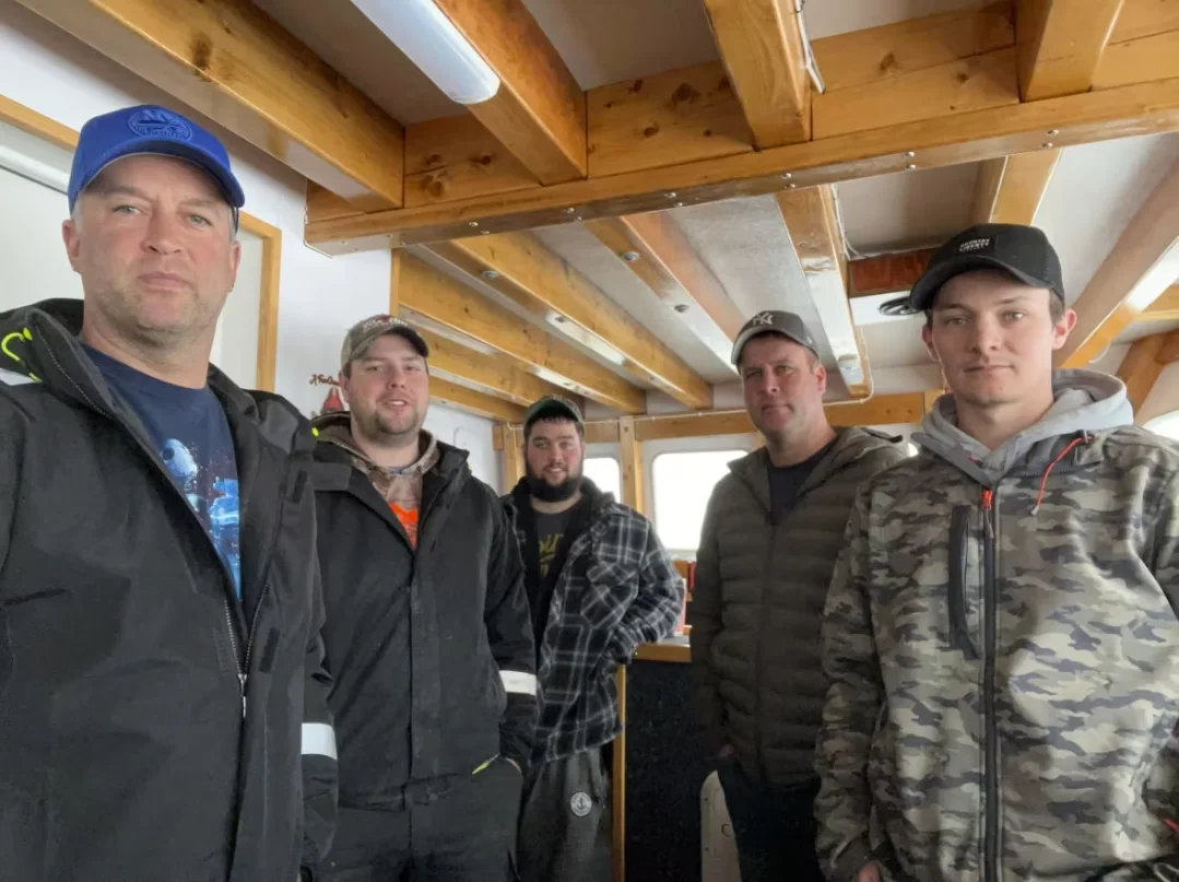 CBC: These are the fishermen who placed the message in a bottle. From left are Jimmie Atwood, Brett Sears, Pierce Atwood, Joey Atwood and Alex Huskins. Missing from the photo is Brian Pothier. (Submitted by Pierce Atwood)