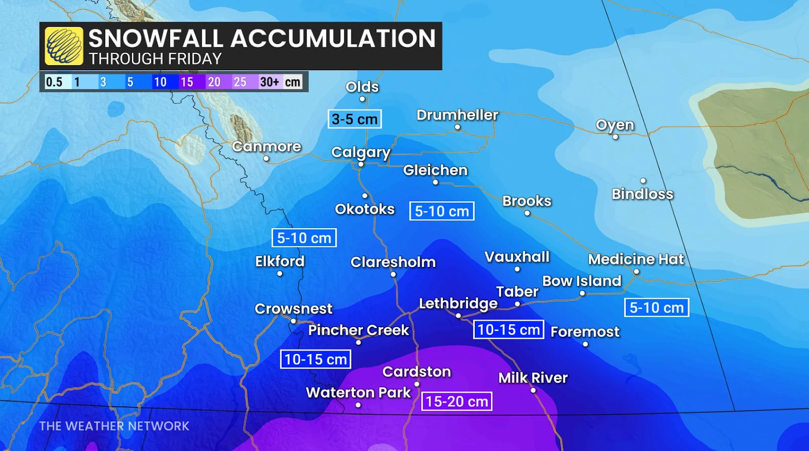 Southern Alberta Friday forecast snow totals - Nov. 27, 2025