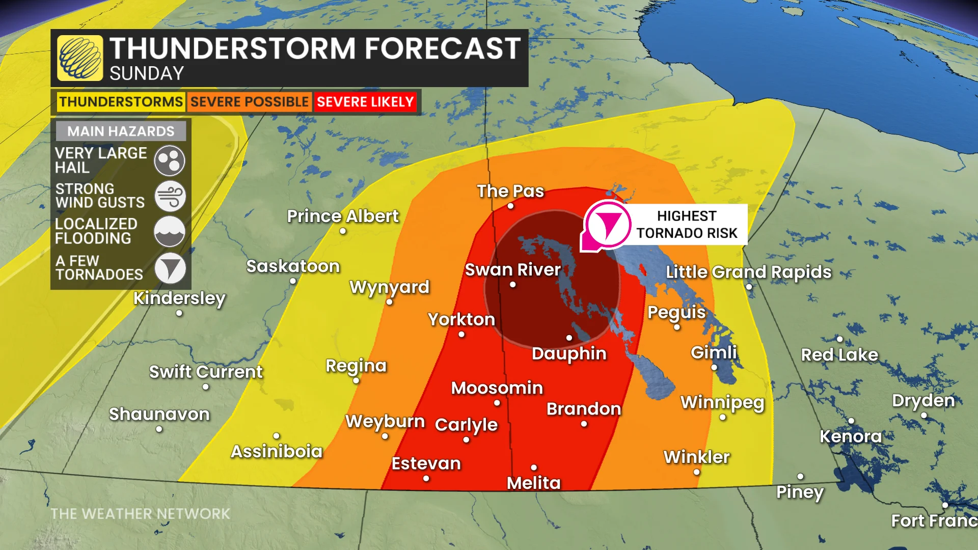 Saskatchewan and Manitoba updated Sunday storm and tornado risk - June 6, 2026