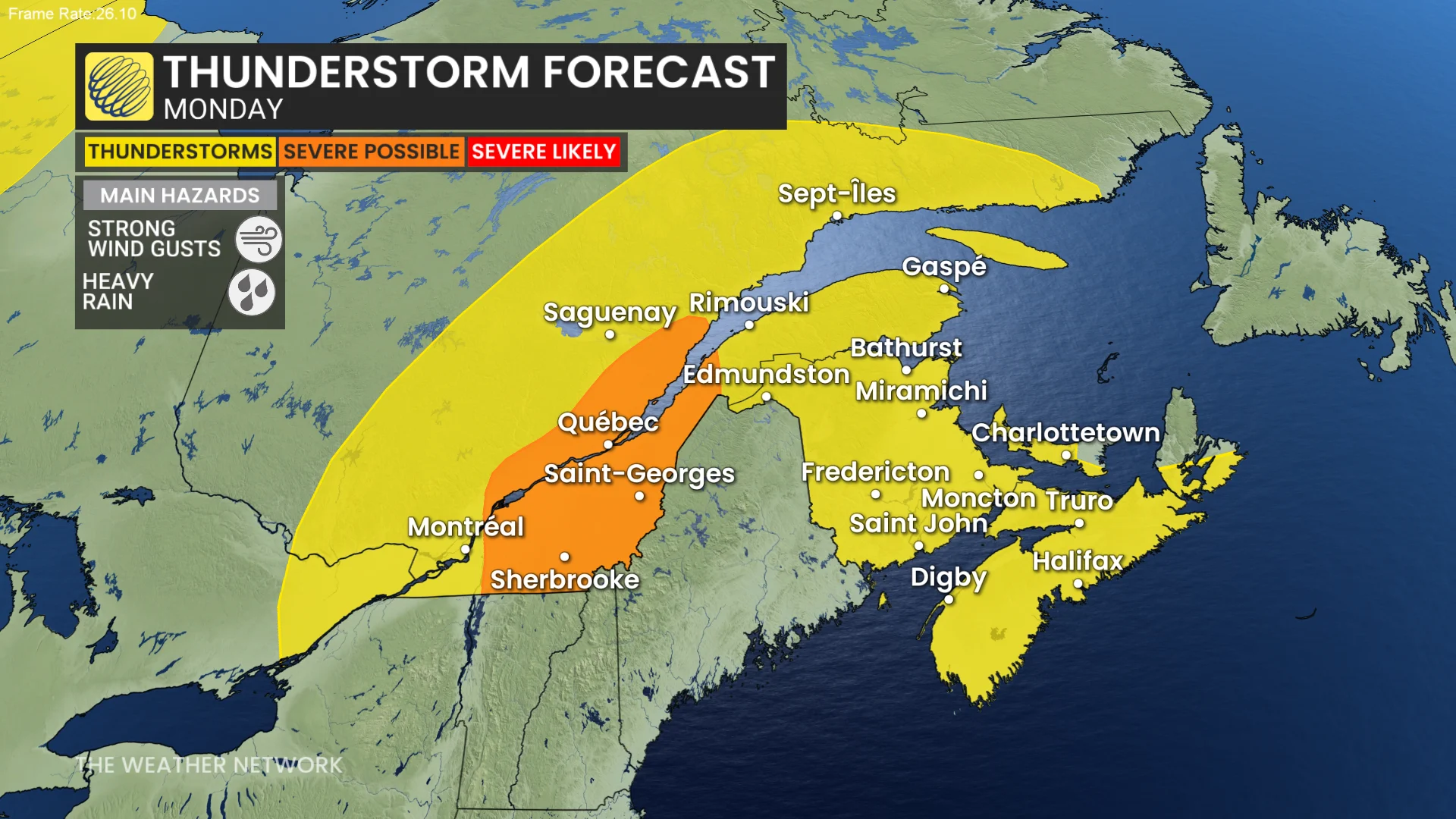 Quebec storm risk map Monday