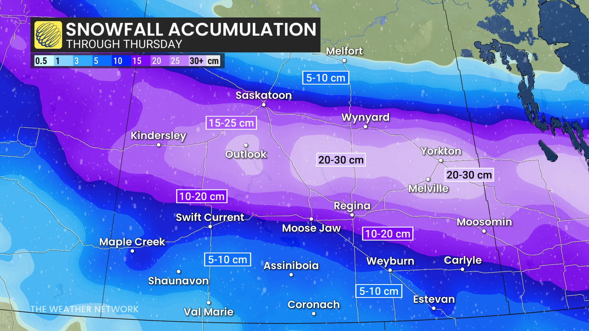 Eastern Prairies snowfall through Thursday