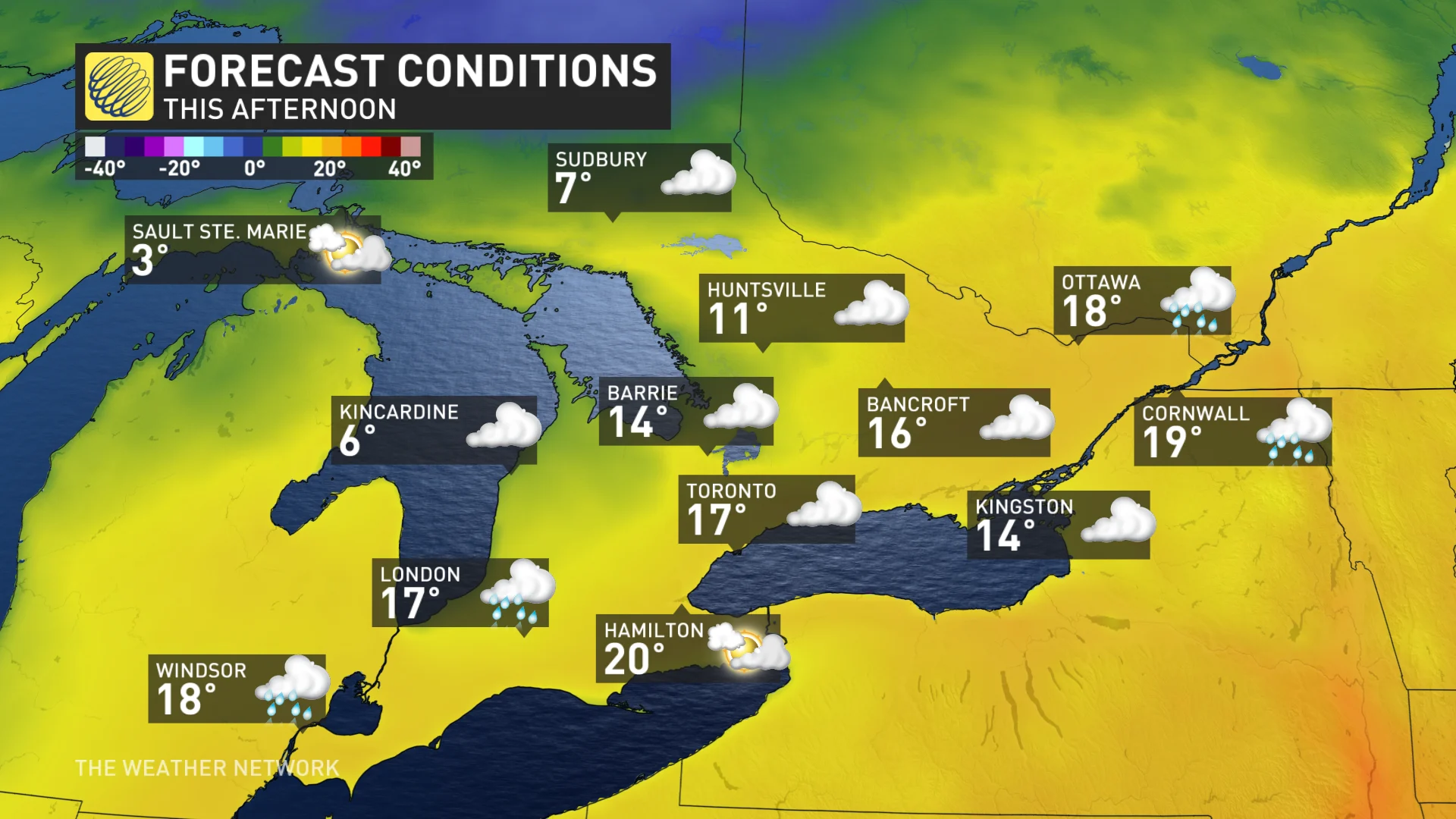 Saturday afternoon Ontario temperatures and icons