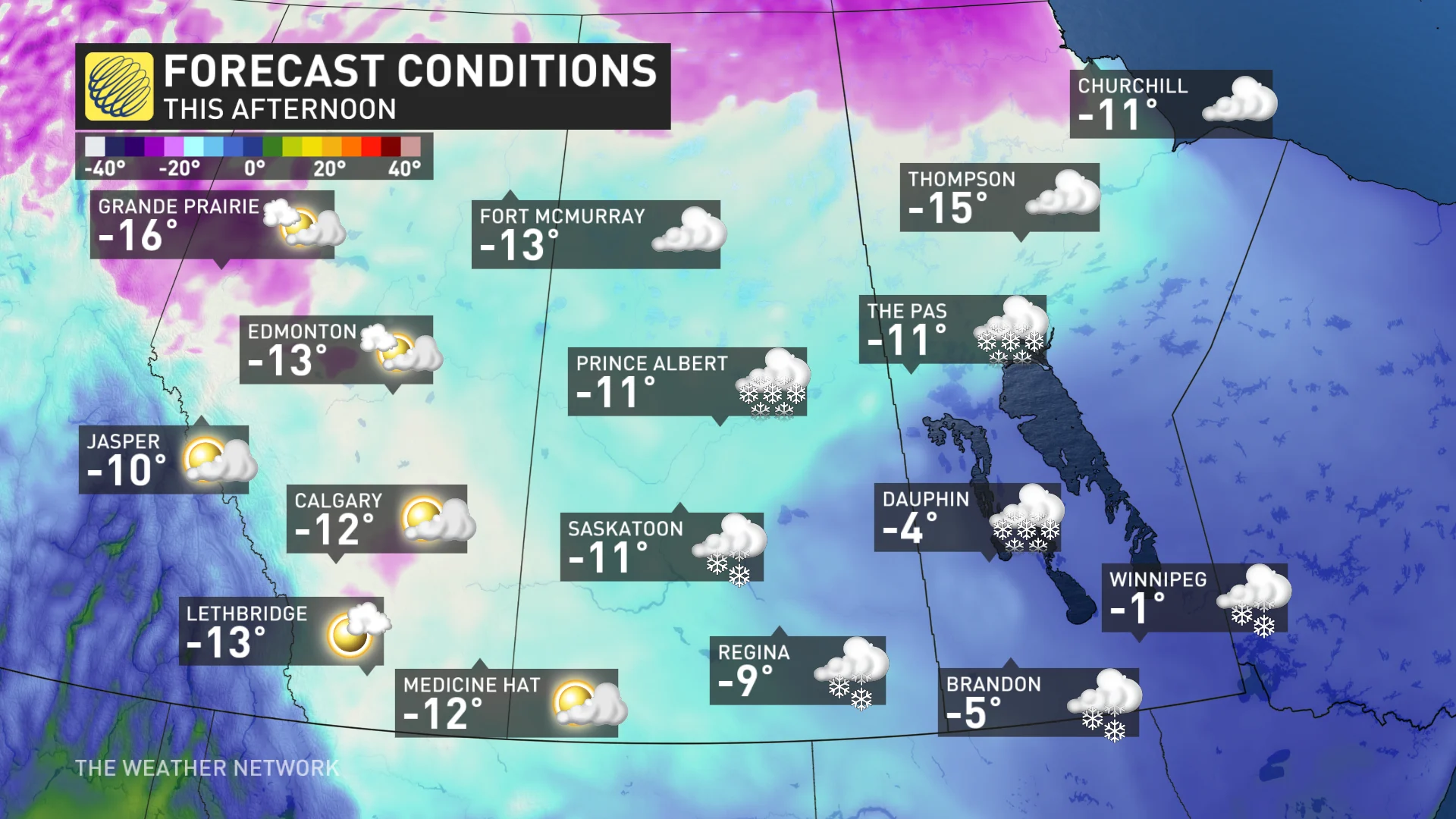 Prairies temperatures and icons Sunday afternoon