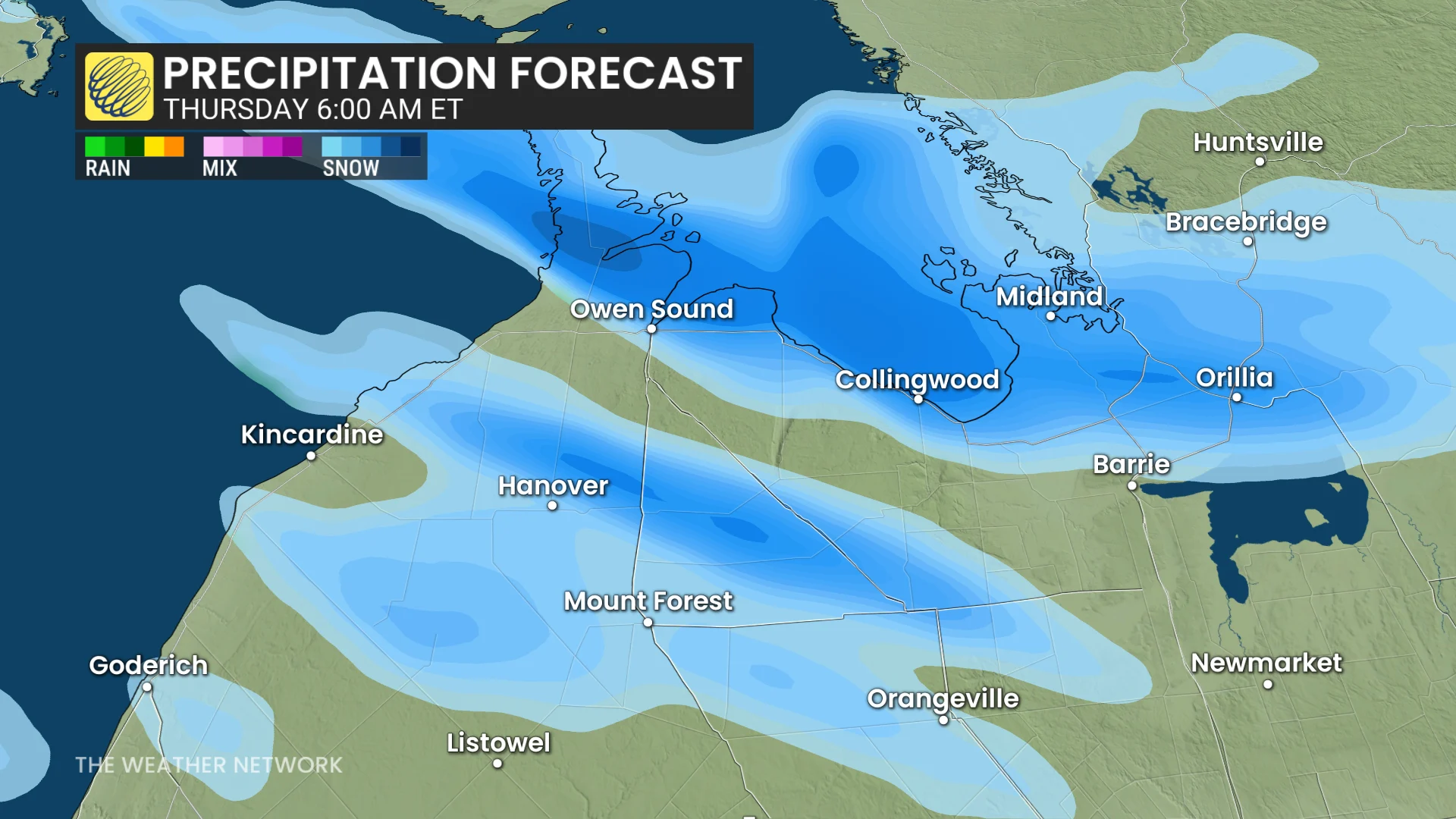 Ontario precipitation timing Thursday morning