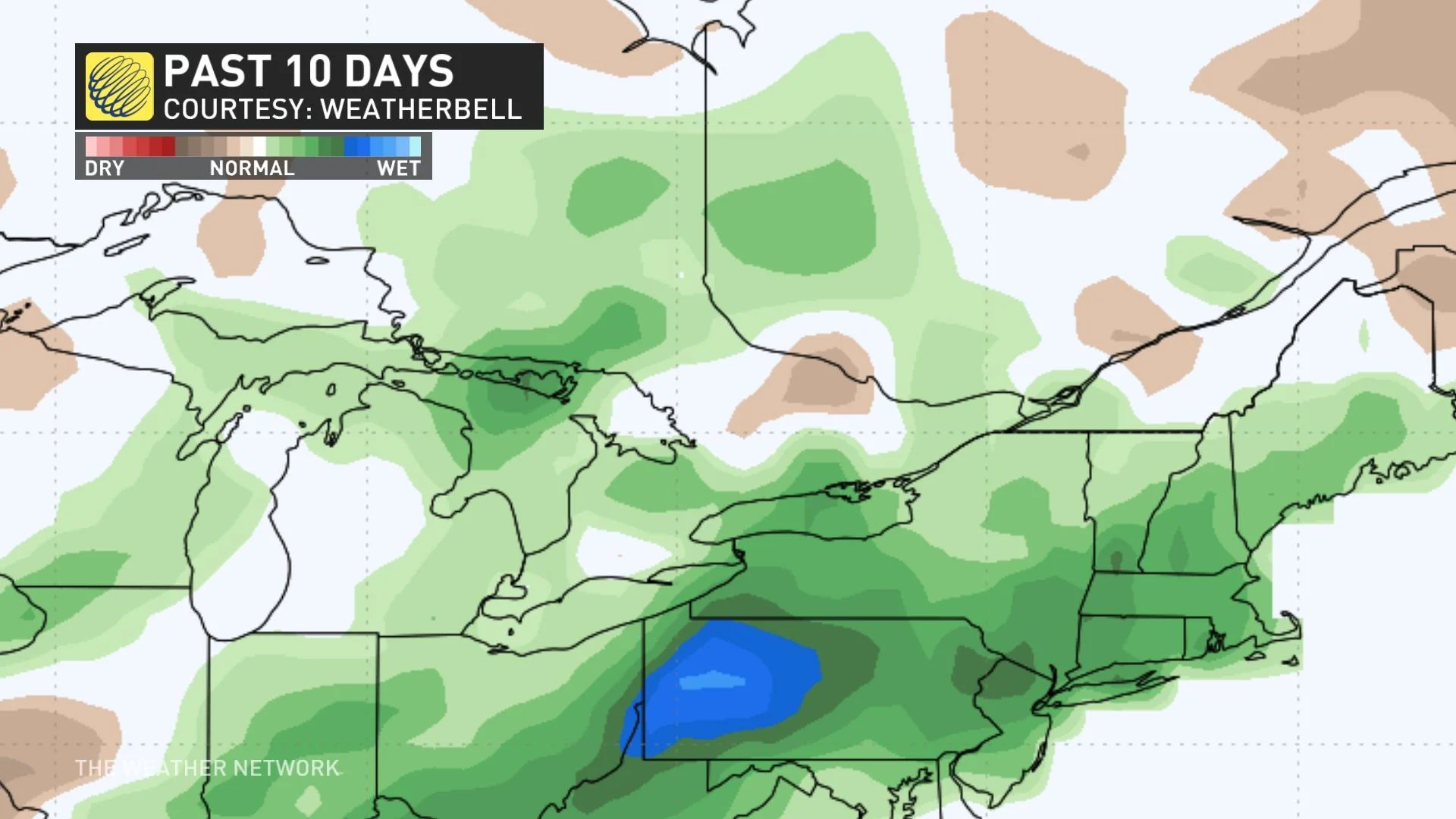 Ontario precipitation anomaly in past 10 days [as of April 13]