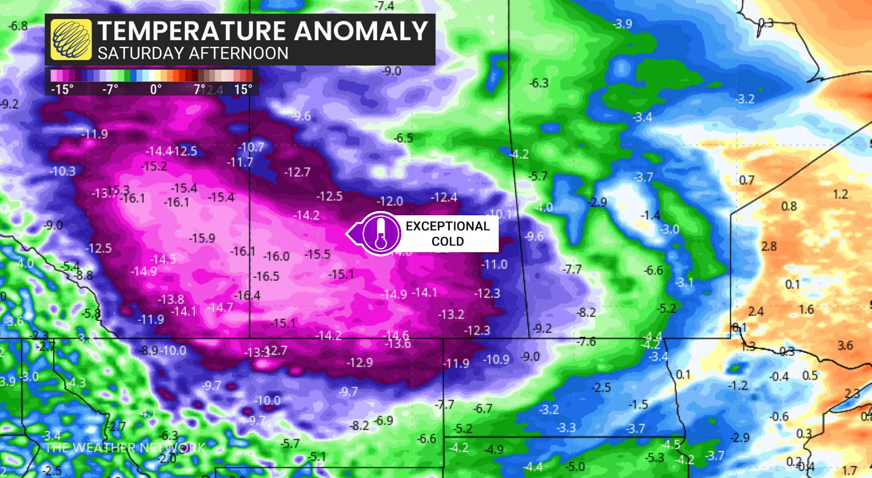 Prairies temperature anomaly Saturday