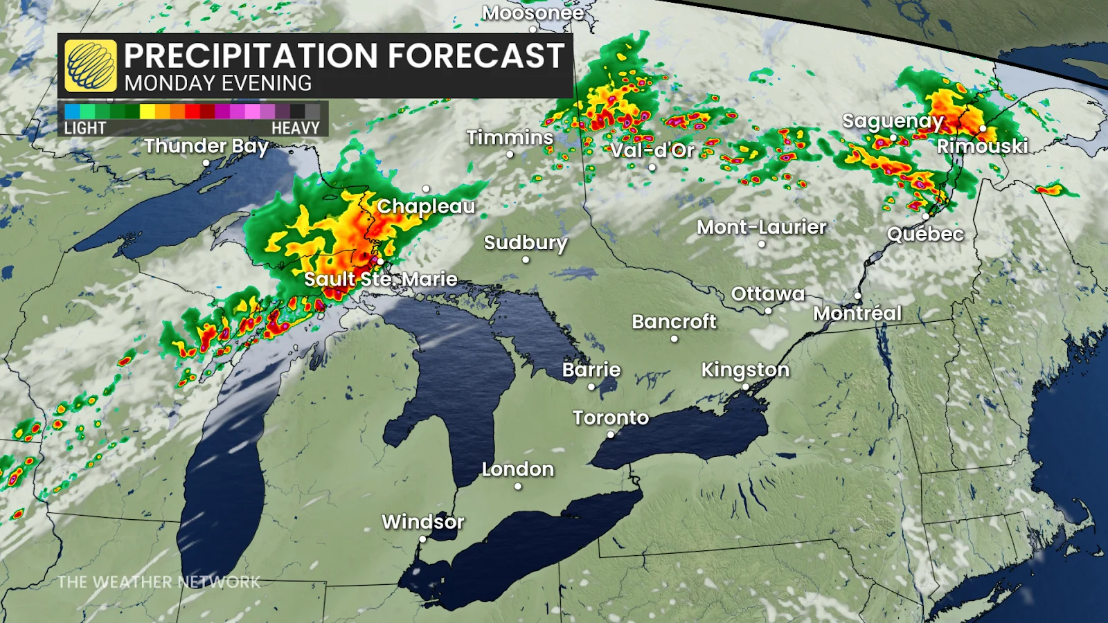 Ontario and Quebec forecast storms and precipitation on Monday evening - June 23, 2025