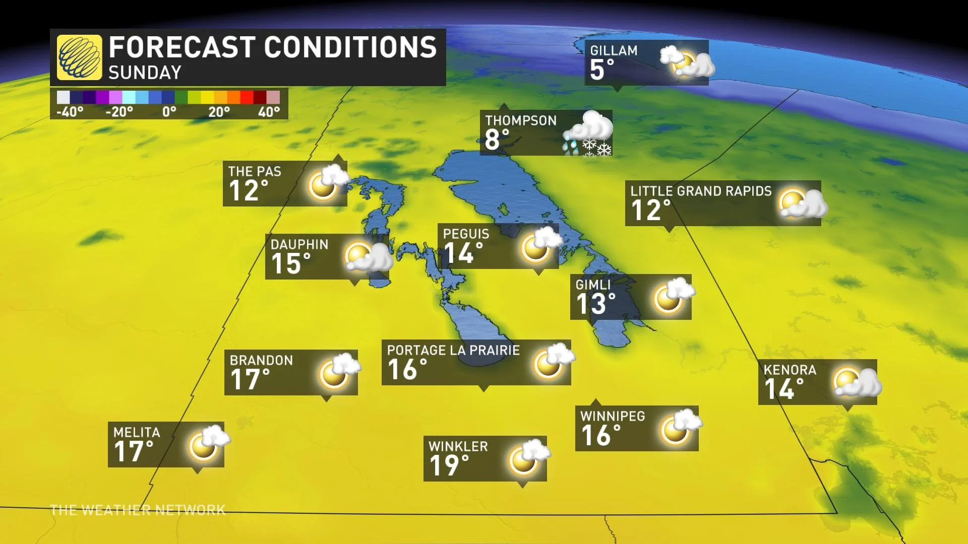 Temperatures in Manitoba on Sunday