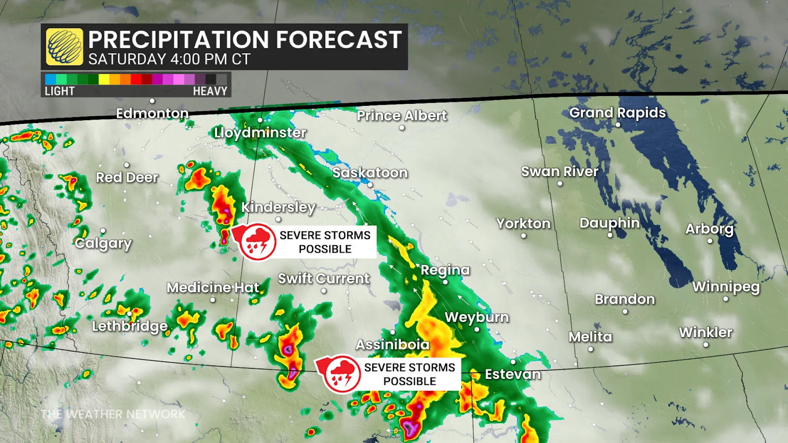 Alberta/Saskatchewan Saturday 4 p.m. forecast storms and precipitation - July 19, 2025