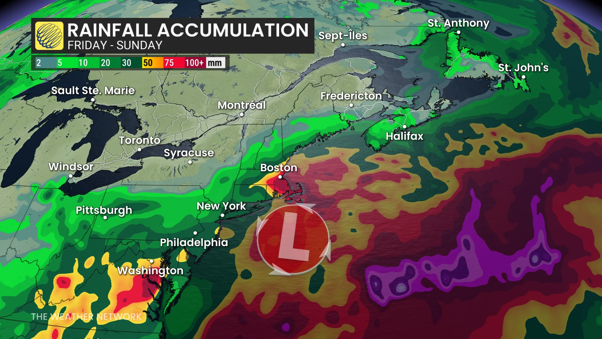 Canada US East Coast forecast weekend rainfall - Sept. 21, 2026
