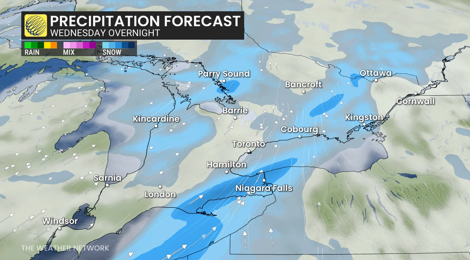 Ontario precipitation timing Wednesday overnight