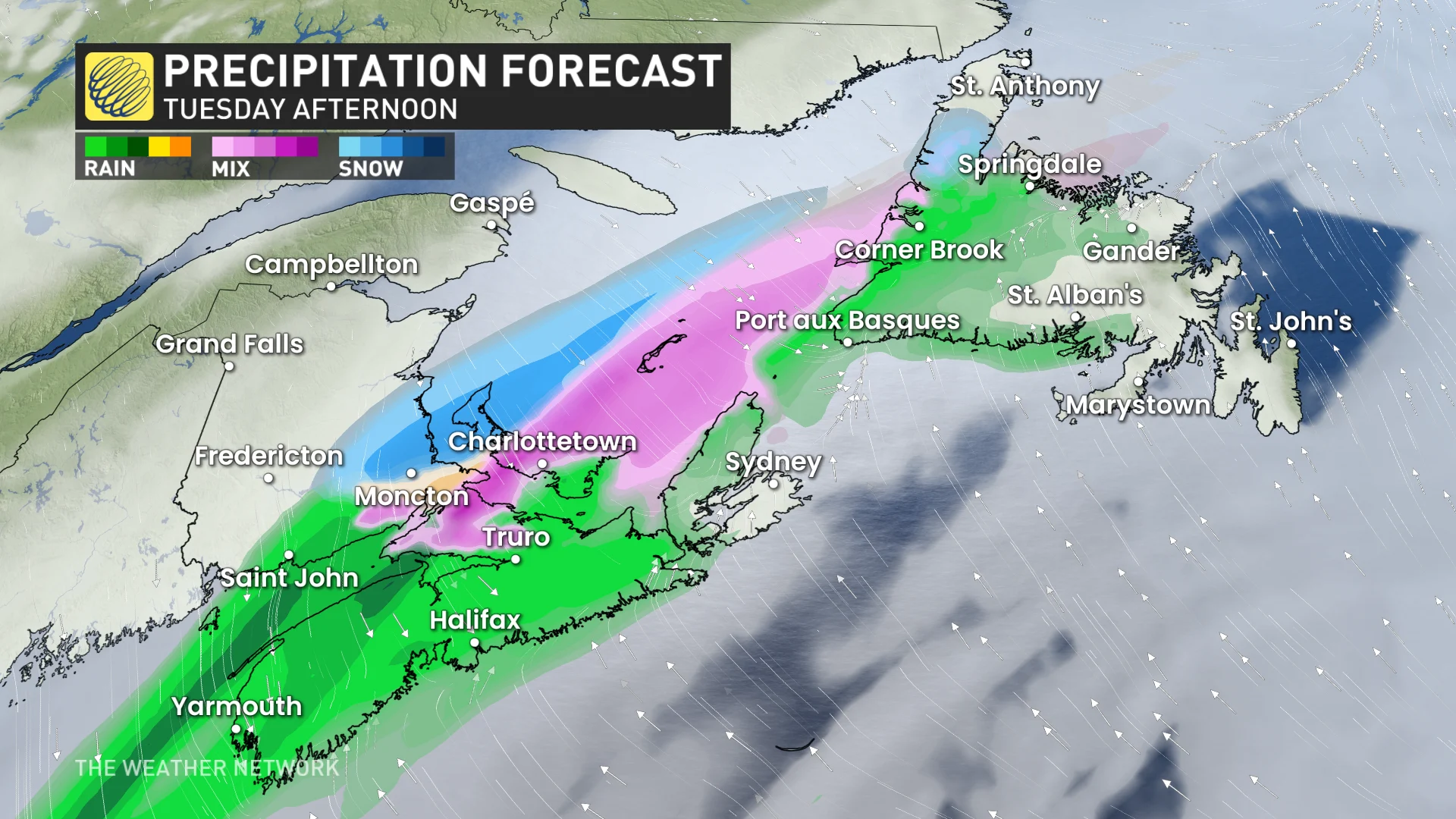 Atlantic Canada precipitation timing forecast Tuesday afternoon