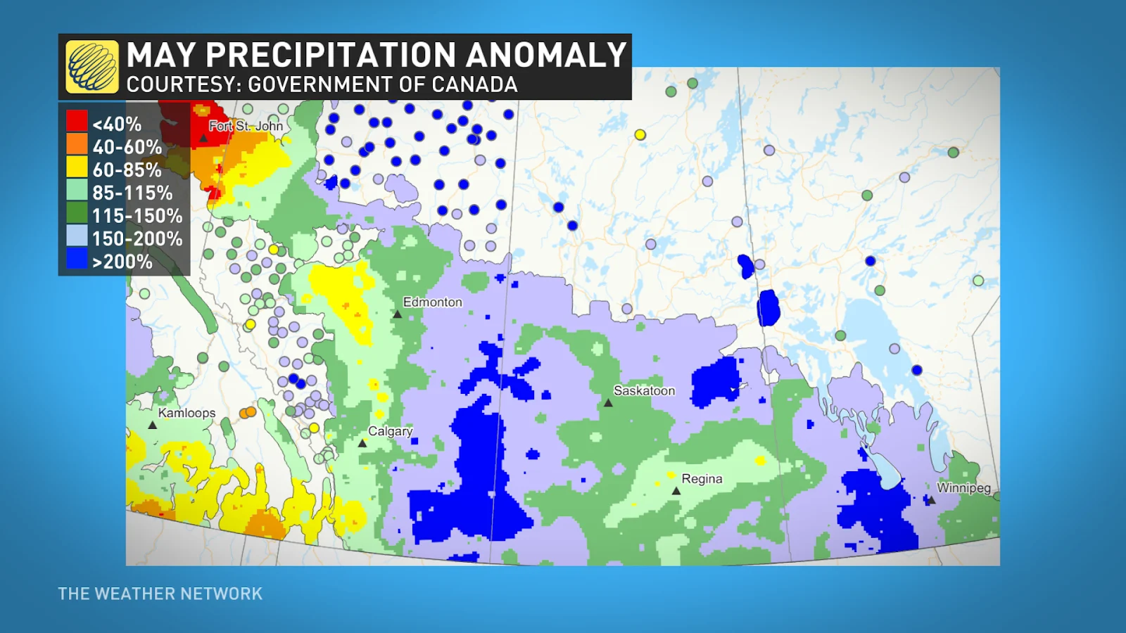 Western Canada May precipitation anomalies June 10 2024