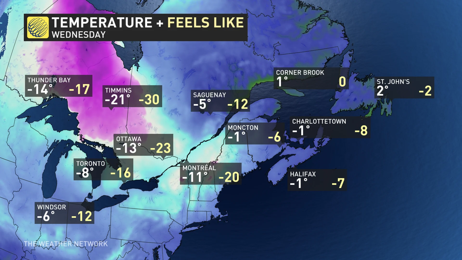 Baron - Eastern Canada feels like temperatures Wednesday