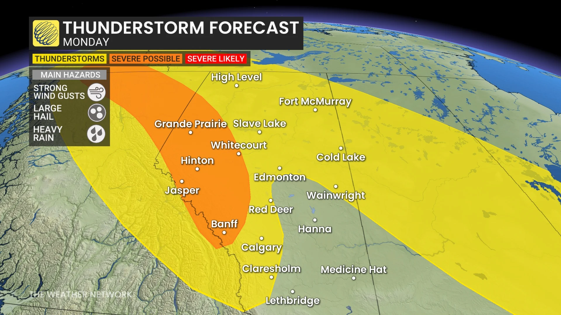 Alberta storm risk map Monday
