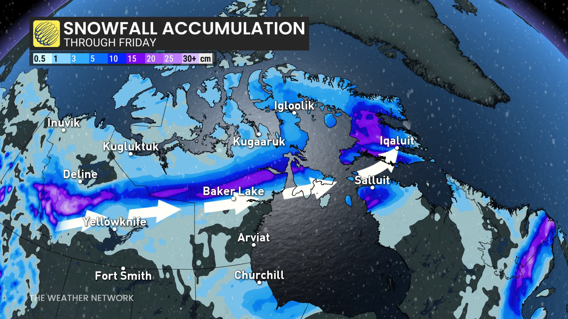 Northern Canada snowfall accumulation through Friday