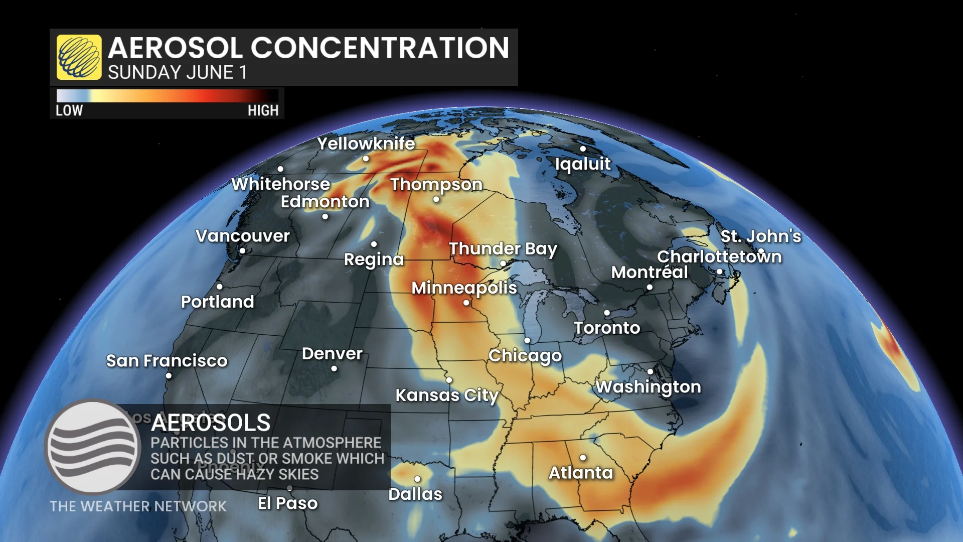 Aerosol concentration Sunday, June 1 in North America