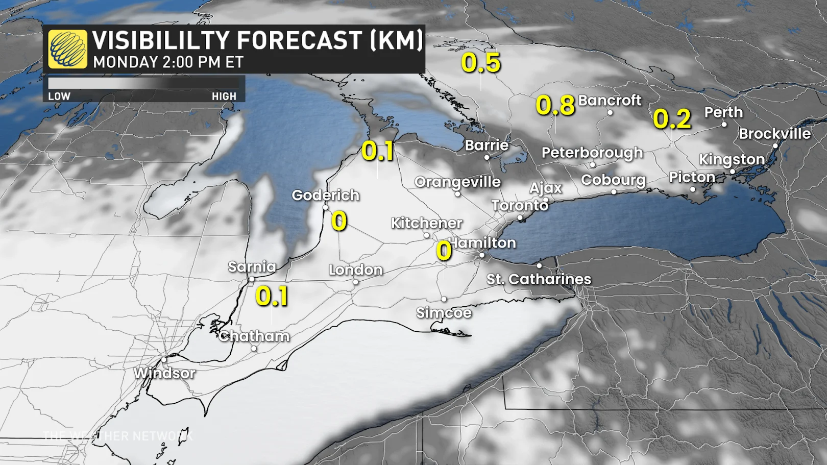Monday 2 p.m. visibility forecast Ontario/fog
