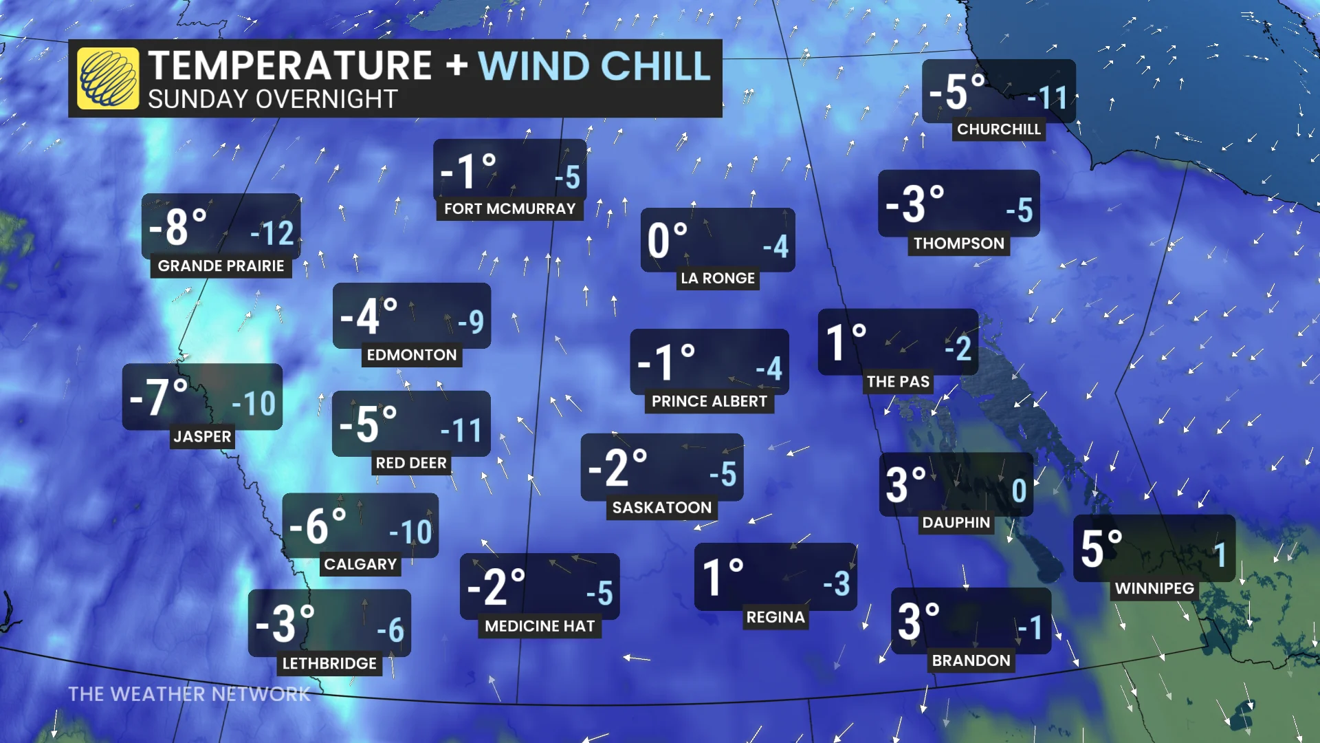Prairies Sunday forecast temperatures and wind chill - Oct. 9, 2026