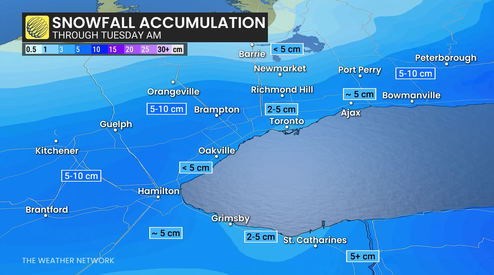 Southern Ontario snowfall outlook through Tuesday morning