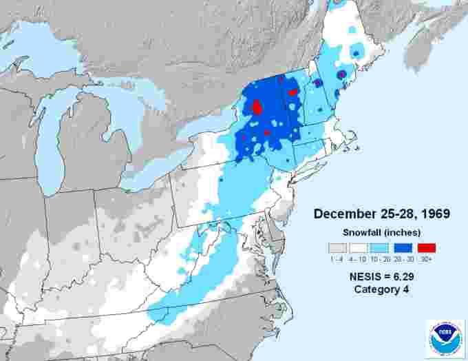 Snowfall map of the Christmas 1969 nor'easter. Courtesy NOAA - National Climate Data Center