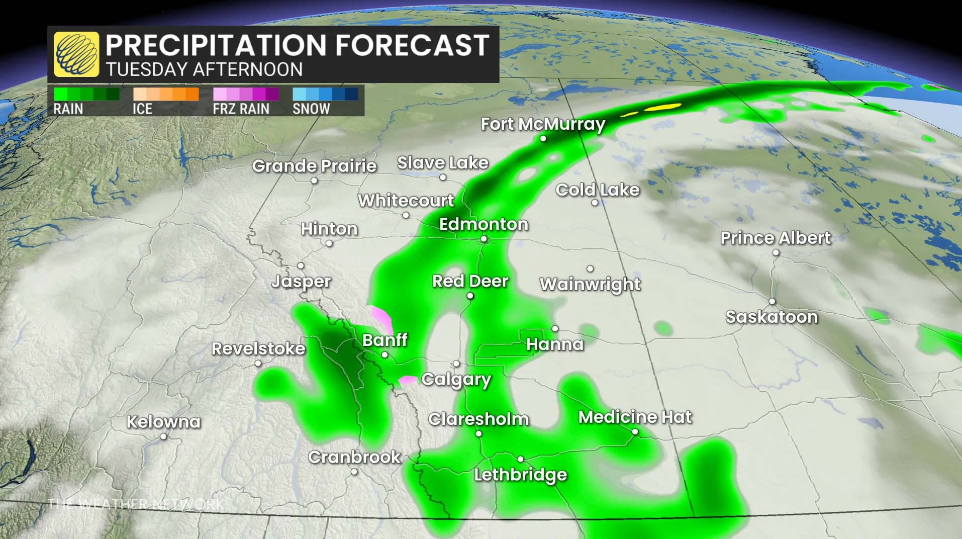 Alberta precipitation timing Tuesday afternoon