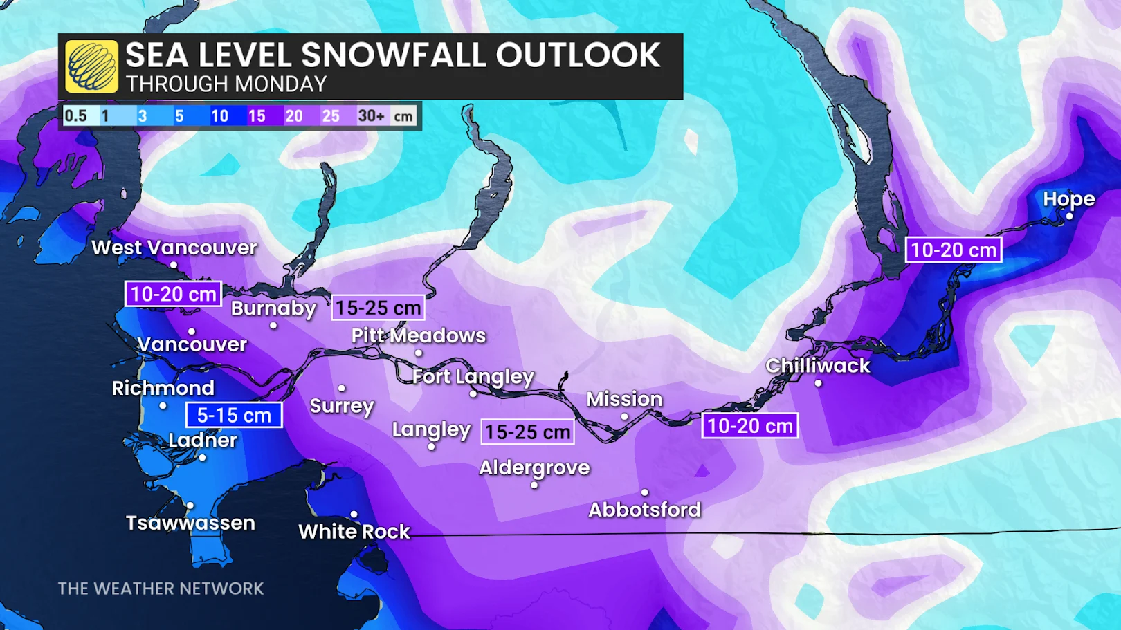 BC SEA level snowfall views through Monday