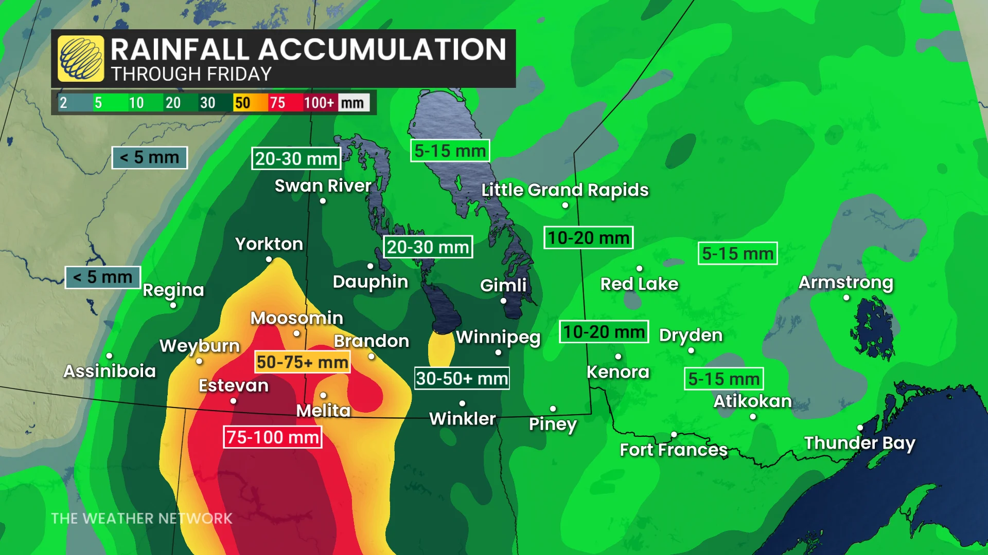 Manitoba and northwestern Ontario rainfall accumulation through Friday