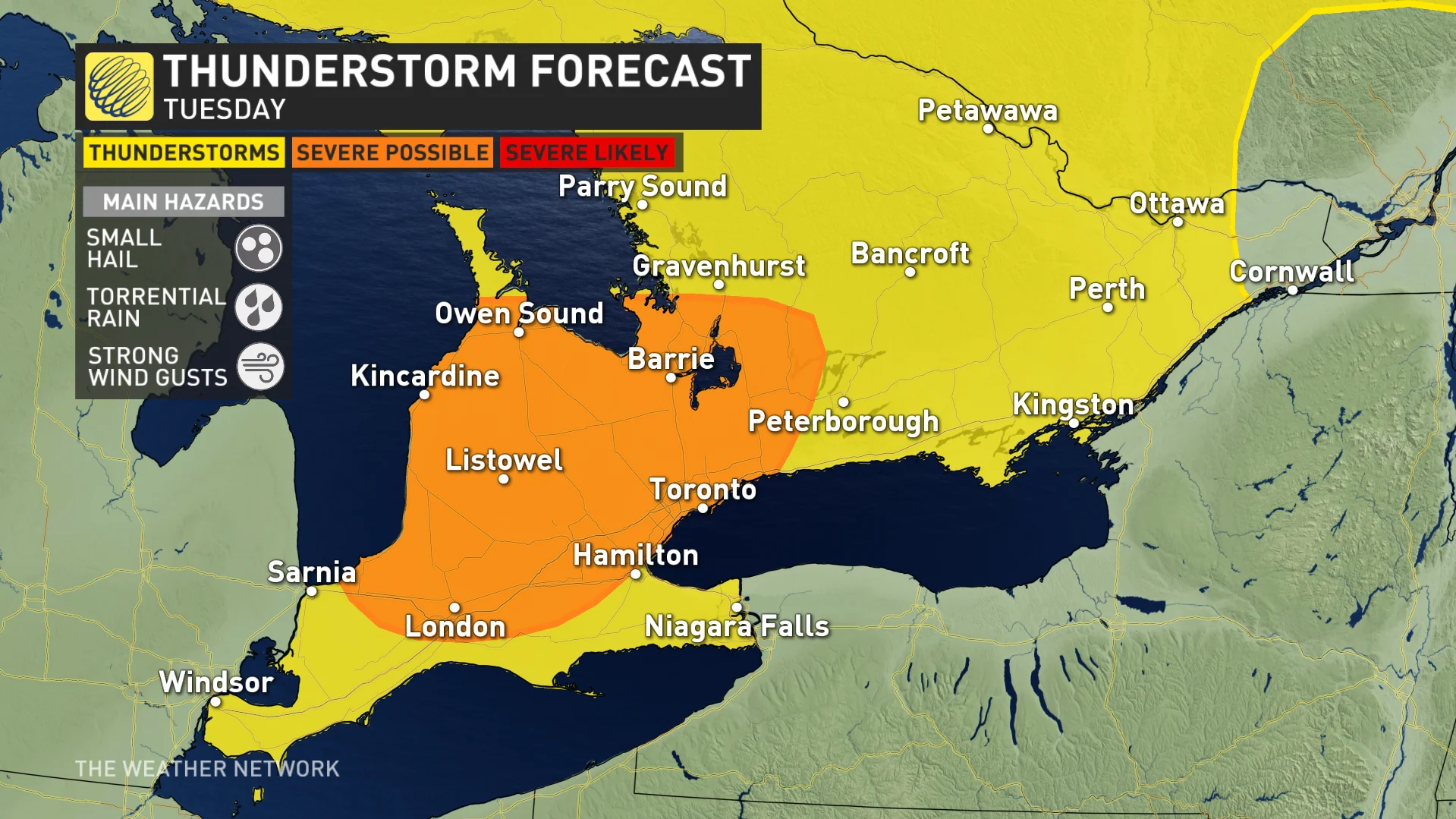 Ontario storm risk map Tuesday