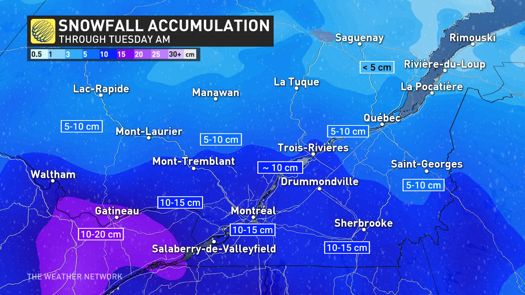 Southern Quebec forecast snow totals through Tuesday morning - Dec. 23, 2024