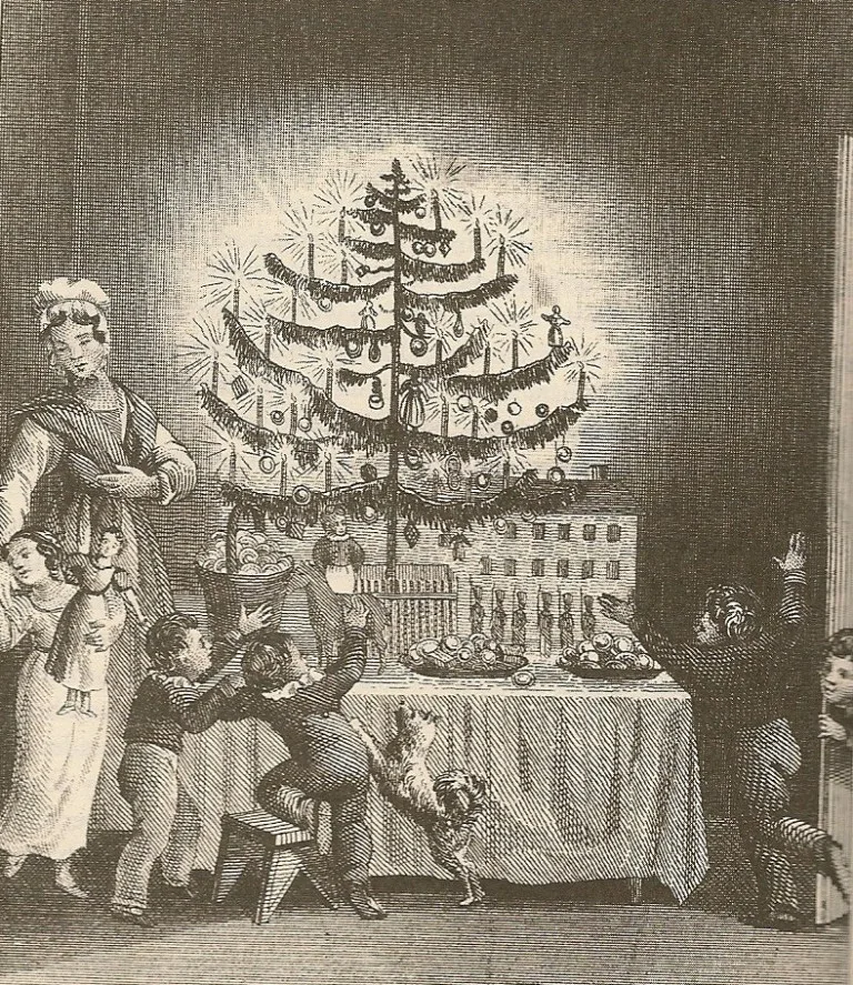 First published image of a Christmas tree, frontispiece to Hermann Bokum's 1836 "The Stranger's Gift".
