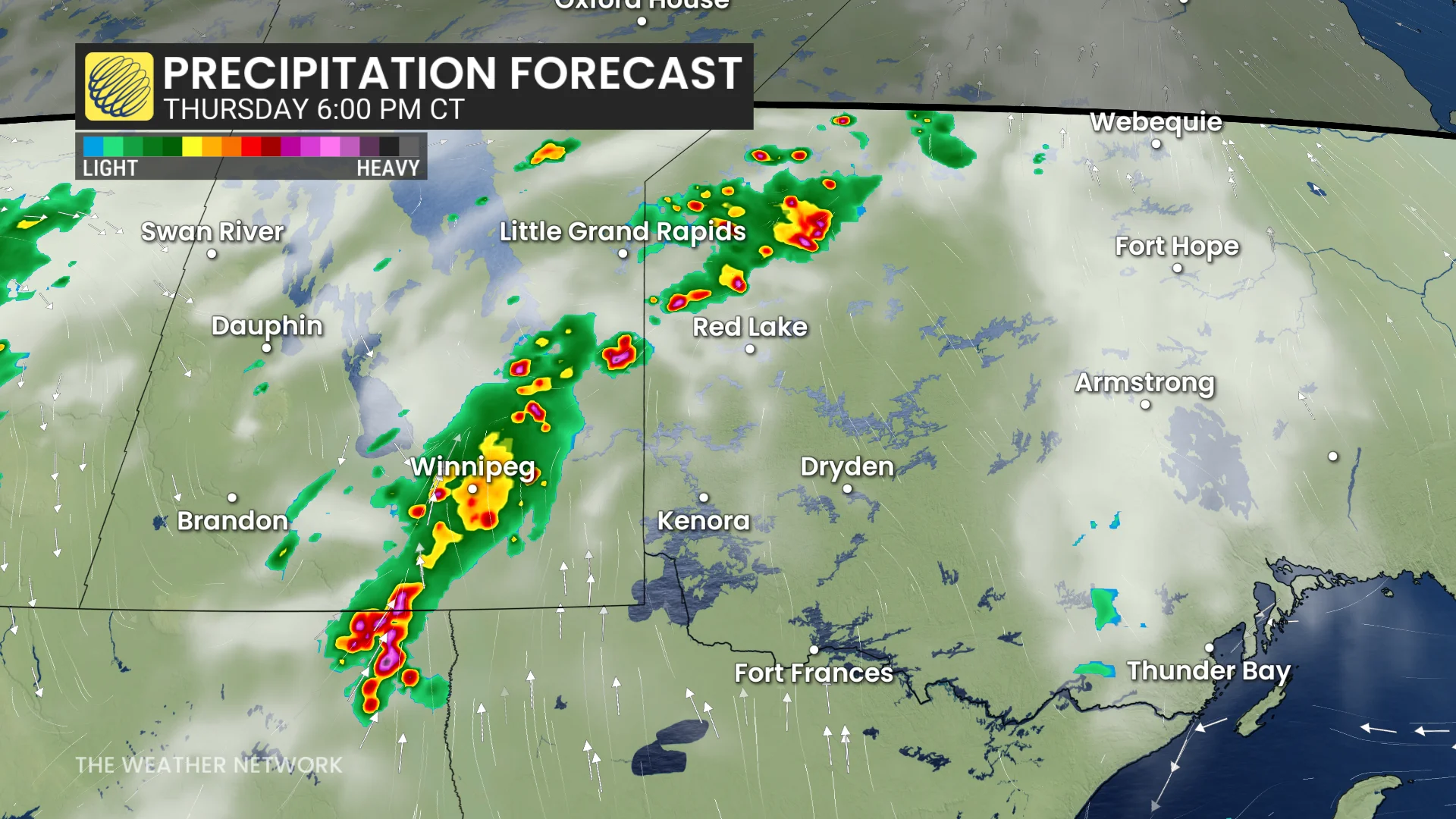Manitoba/northwestern Ontario Thursday evening precipitation timing forecast